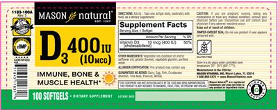 Photo of the Mason Natural D3 400 IU (10 mcg) label