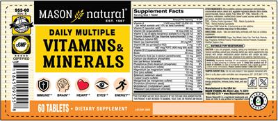 Photo of the Mason Natural Daily Multiple Vitamins with Minerals label