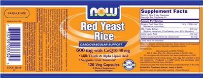 Photo of the NOW Red Yeast Rice 600 mg With CoQ10 30 mg label