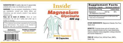 Photo of the Inside Magnesium Glycinate 400 mg label