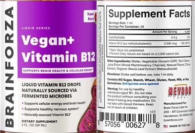 Photo of the Brain Forza Vegan+ Vitamin B12 Super Berry label