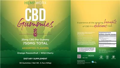 Photo of the HempWorx CBD Gummies Assorted Flavors 750 mg label