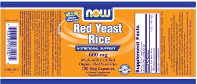 Photo of the NOW Red Yeast Rice 600 mg label
