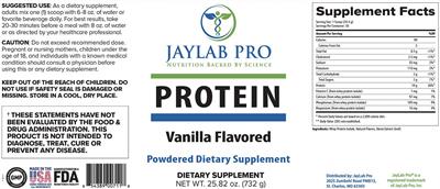 Photo of the JayLab Pro Protein Vanilla Flavored label