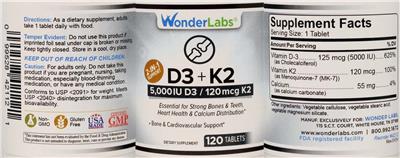 Photo of the Wonder Labs D3+K2 5,000 IU D3 / 120 mcg K2 label