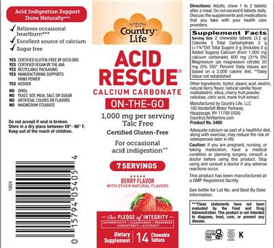 Photo of the Country Life Acid Rescue On-The-Go Berry Flavor label