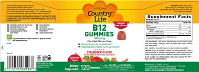 Photo of the Country Life B12 Gummies 850 mcg Strawberry Flavor label