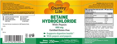 Photo of the Country Life Betaine Hydrochloride 600 mg With Pepsin label