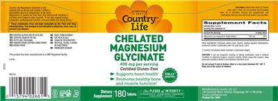 Photo of the Country Life Chelated Magnesium Glycinate 400 mg label