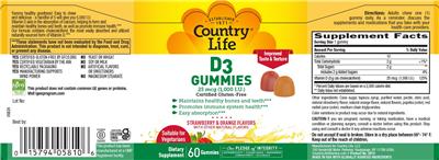 Photo of the Country Life D3 Gummies 25 mcg (1,000 IU) label