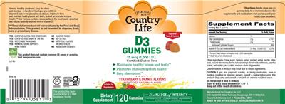 Photo of the Country Life D3 Gummies 25 mcg (1,000 IU) label