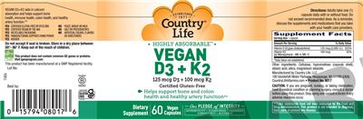 Photo of the Country Life Vegan D3 125 mcg + K2 100 mcg label