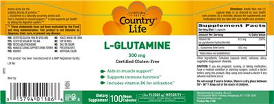 Photo of the Country Life L-Glutamine 500 mg label