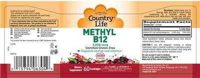Photo of the Country Life Methyl B12 5,000 mcg Cherry Flavor label