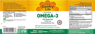Photo of the Country Life Natural Omega-3 Fish Body Oils 1,000 mg label
