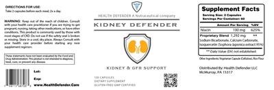 Photo of the HEALTH DEFENDER A Nutraceutical company Kidney Defender label