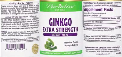 Photo of the Paradise Ginkgo Extra Strength 120 mg label