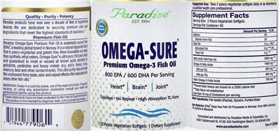 Photo of the Paradise Omega-Sure Premium Omega-3 Fish Oil label