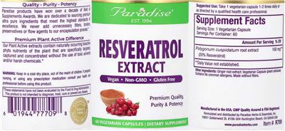 Photo of the Paradise Resveratrol Extract label