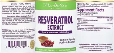 Photo of the Paradise Resveratrol Extract label