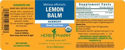 Photo of the Herb Pharm Lemon Balm label