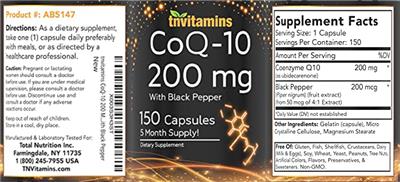 Photo of the tnvitamins CoQ-10 200 mg with Black Pepper label