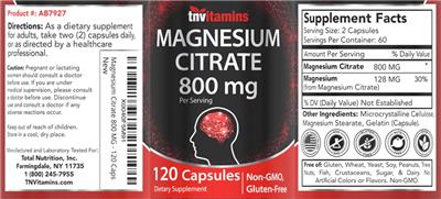 Photo of the tnvitamins Magnesium Citrate 800 mg label