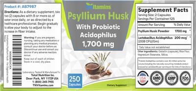 Label of Psyllium Husk with Probiotic Acidophils 1,700 mg