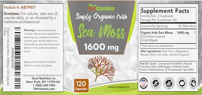 Photo of the tnvitamins Simply Organic Irish Sea Moss 1600 mg label