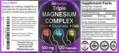 Photo of the tnvitamins Triple Magnesium Complex 500 mg label