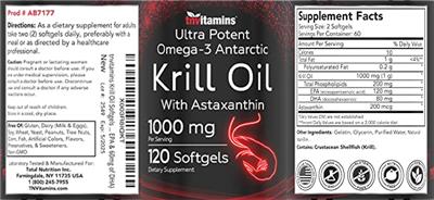 Photo of the tnvitamins Ultra Potent Omega-3 Antarctic Krill Oil with Astaxanthin 1000 mg label