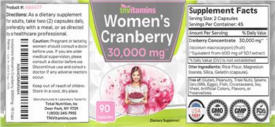 Photo of the tnvitamins Women's Cranberry 30,000 mg label