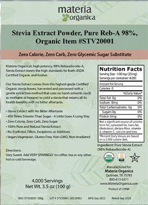Photo of the Omica Organics Stevia Extract Powder label