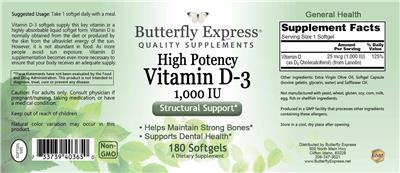 Photo of the Butterfly Express High Potency Vitamin D-3 1,000 IU label