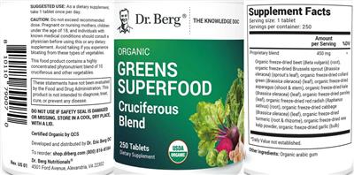 Photo of the Dr. Berg Organic Greens Superfood Cruciferous Blend label