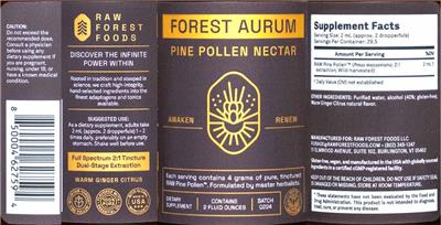 Photo of the Raw Forest Foods Forrest Aurum Pine Pollen Nectar Warm Ginger Citrus label
