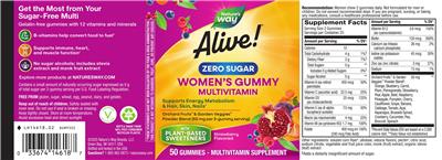 Photo of the Nature's Way Alive! Women's Gummy Multivitamin Zero Sugar Strawberry Flavored label