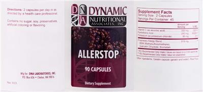Photo of the DNA Dynamic Nutritional Associates Allerstop label
