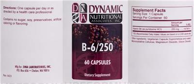 Photo of the DNA Dynamic Nutritional Associates B-6/250 label