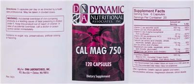 Photo of the DNA Dynamic Nutritional Associates Cal Mag 750 label