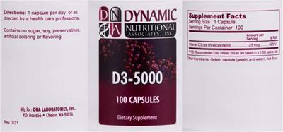 Photo of the DNA Dynamic Nutritional Associates D3-5000 label
