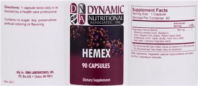 Photo of the DNA Dynamic Nutritional Associates Hemex label