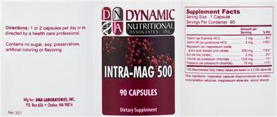 Photo of the DNA Dynamic Nutritional Associates Intra-Mag 500 label