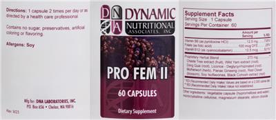 Photo of the DNA Dynamic Nutritional Associates Pro Fem II label