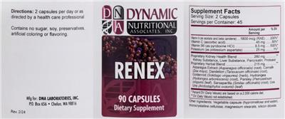 Photo of the DNA Dynamic Nutritional Associates Renex label