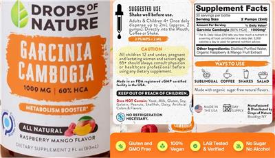 Photo of the Drops of Nature Garcinia Cambogia 1000 mg Raspberry Mango Flavor label