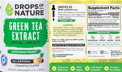 Photo of the Drops of Nature Green Tea Extract 1000 mg Pineapple Flavor label