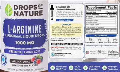 Photo of the Drops of Nature L-Arginine Liposomal Liquid Drops 1000 mg Mixed Berry Flavor label