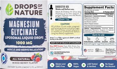 Photo of the Drops of Nature Magnesium Glycinate Liposomal Liquid Drops 1000 mg Mixed Berry Flavor label