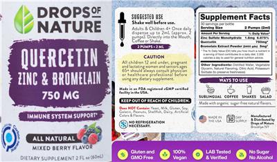 Photo of the Drops of Nature Quercetin Zinc & Bromelain 750 mg Mixed Berry Flavor label